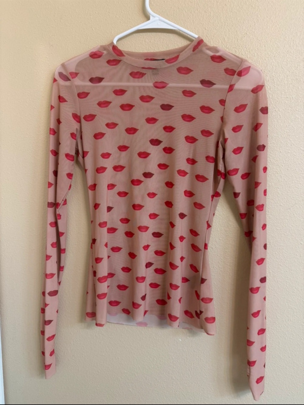 AFRM Nude Mesh Top with Red Lip Pattern